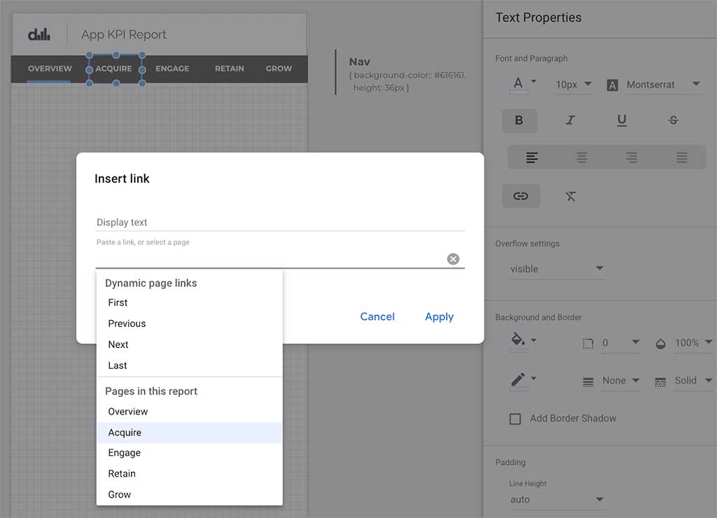 How to link to another page in a Google Data Studio Report