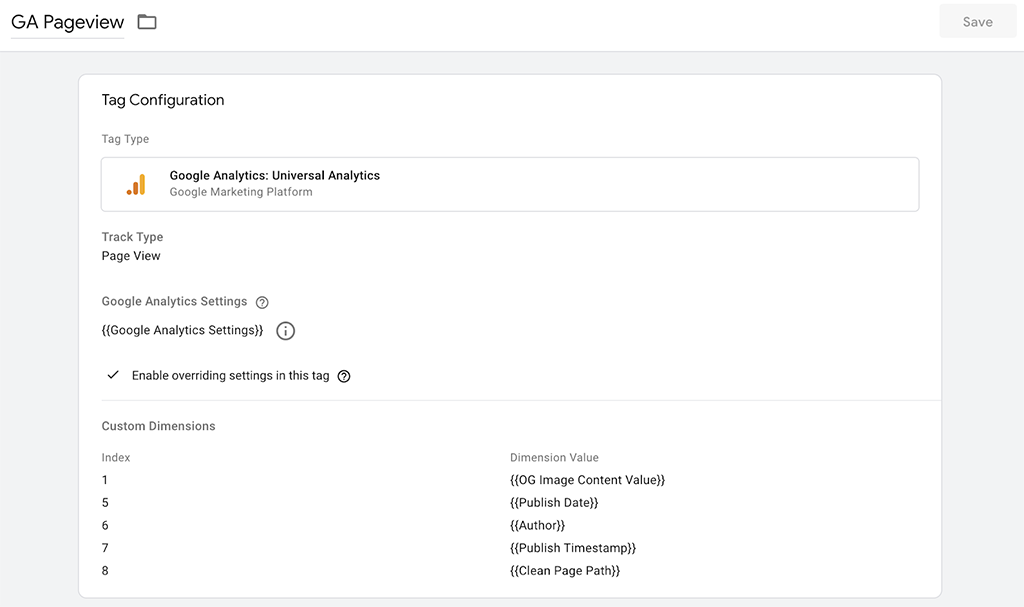 A Google Analytics Tag in GTM which passes select custom dimensions along with the request