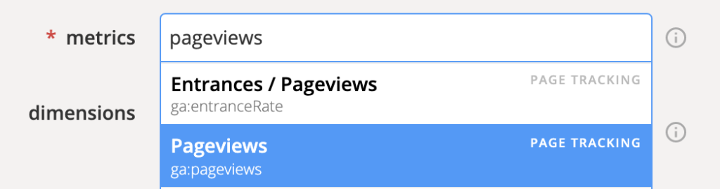 Selecting a pageviews metric in Google Query Explorer