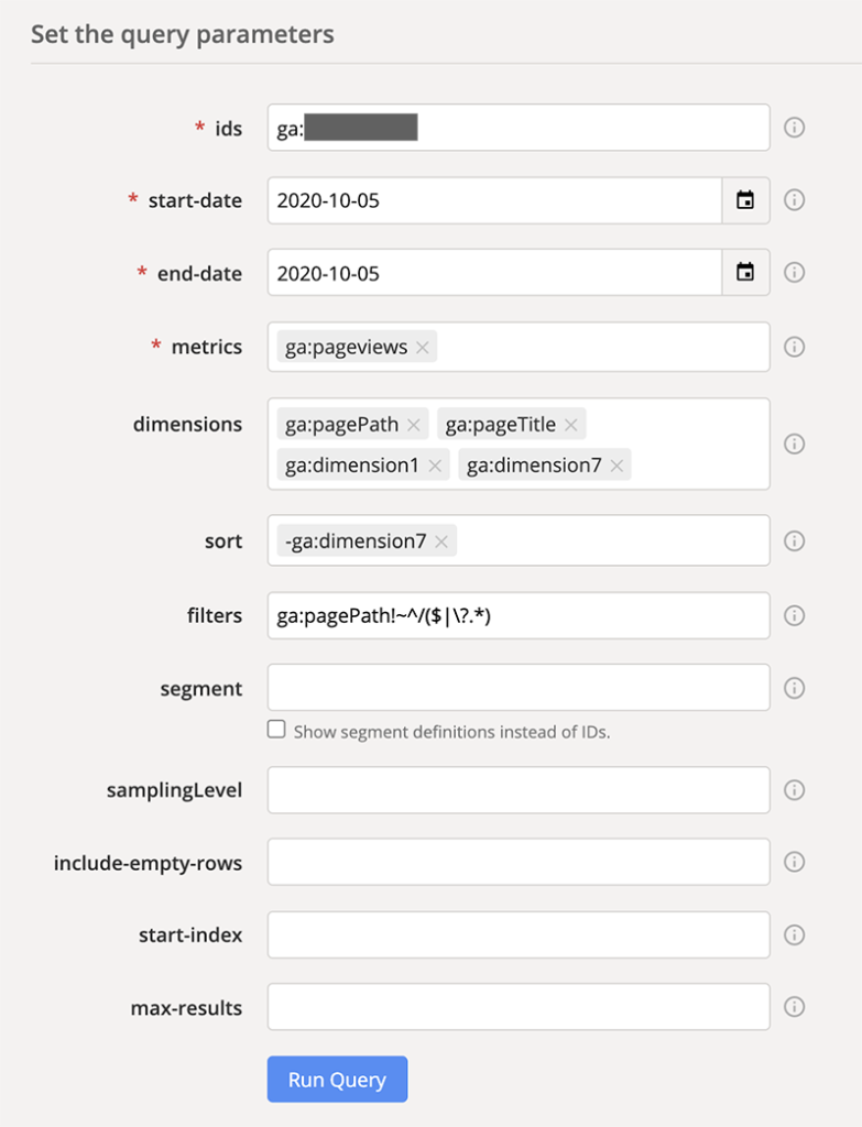 Building a Google Analytics query in Google Query Explorer