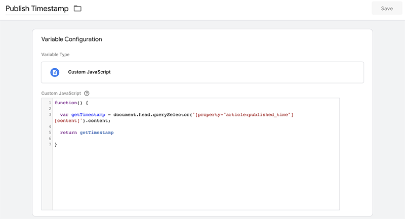 Capture the timestamp on a wordpress blog using the following GTM custom javascript code.